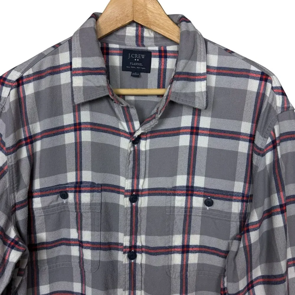 J.Crew Shirt Men Large Gray Plaid Flannel Button Front Long Sleeve Shirt Pockets